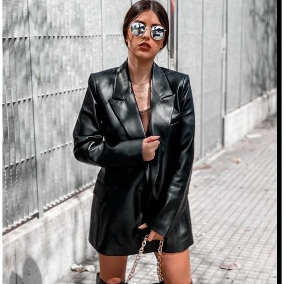 ZARA NEW WOMAN STRAIGHT CUT FAUX LEATHER BLAZER JACKET BLACK 4432/710 M,L  NWT